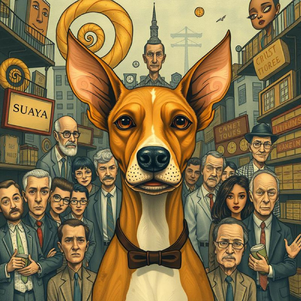 Surreal illustration of men in business attire with exaggerated facial features