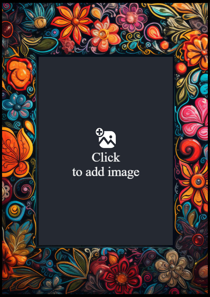 A colorful floral frame with a black center