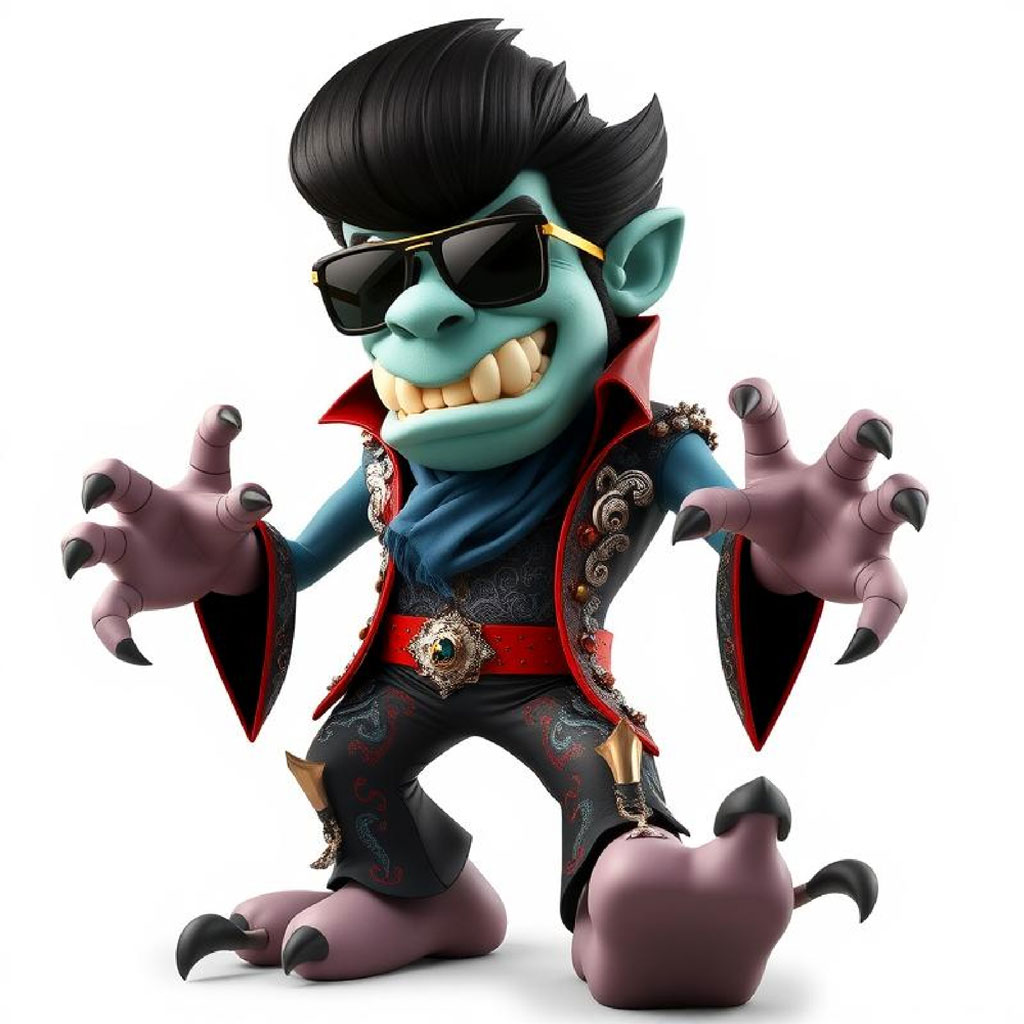 A cartoon vampire with black hair, sunglasses, and a red-lined black cape.