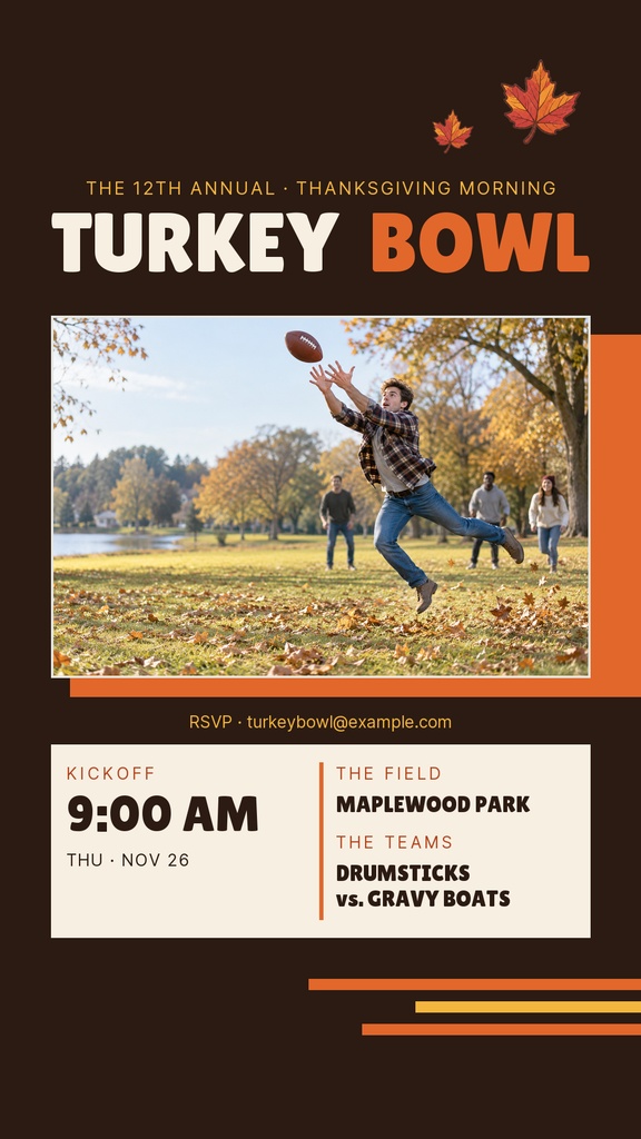 Portrait story template for the Turkey Bowl with football players and fall leaves.
