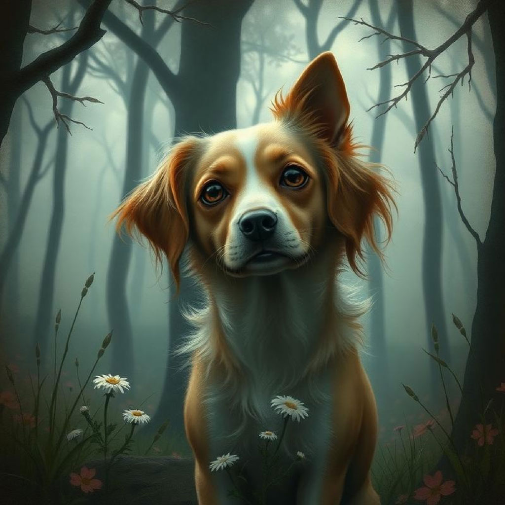 Illustration of a girl with black hair and green eyes in a dark forest