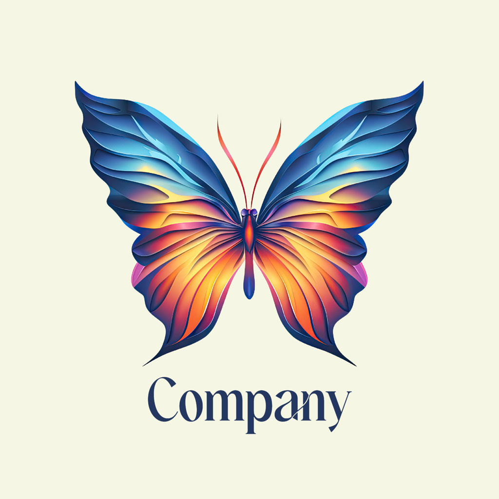 A stylized butterfly with blue, orange, and purple wings