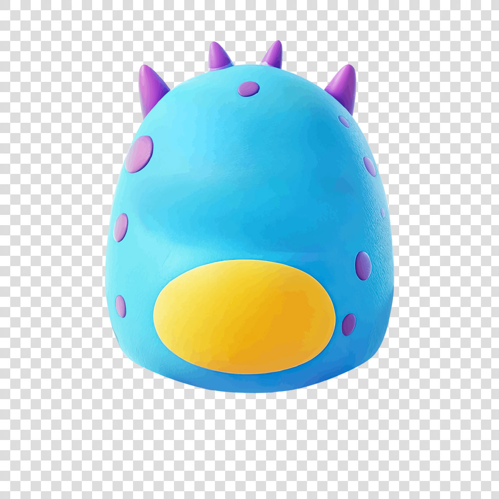 A blue toy monster with purple spikes and dots, and a yellow mouth.