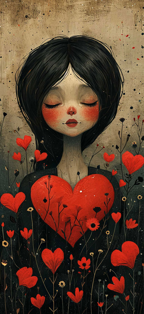 Illustration of a peaceful woman with heart-shaped flowers