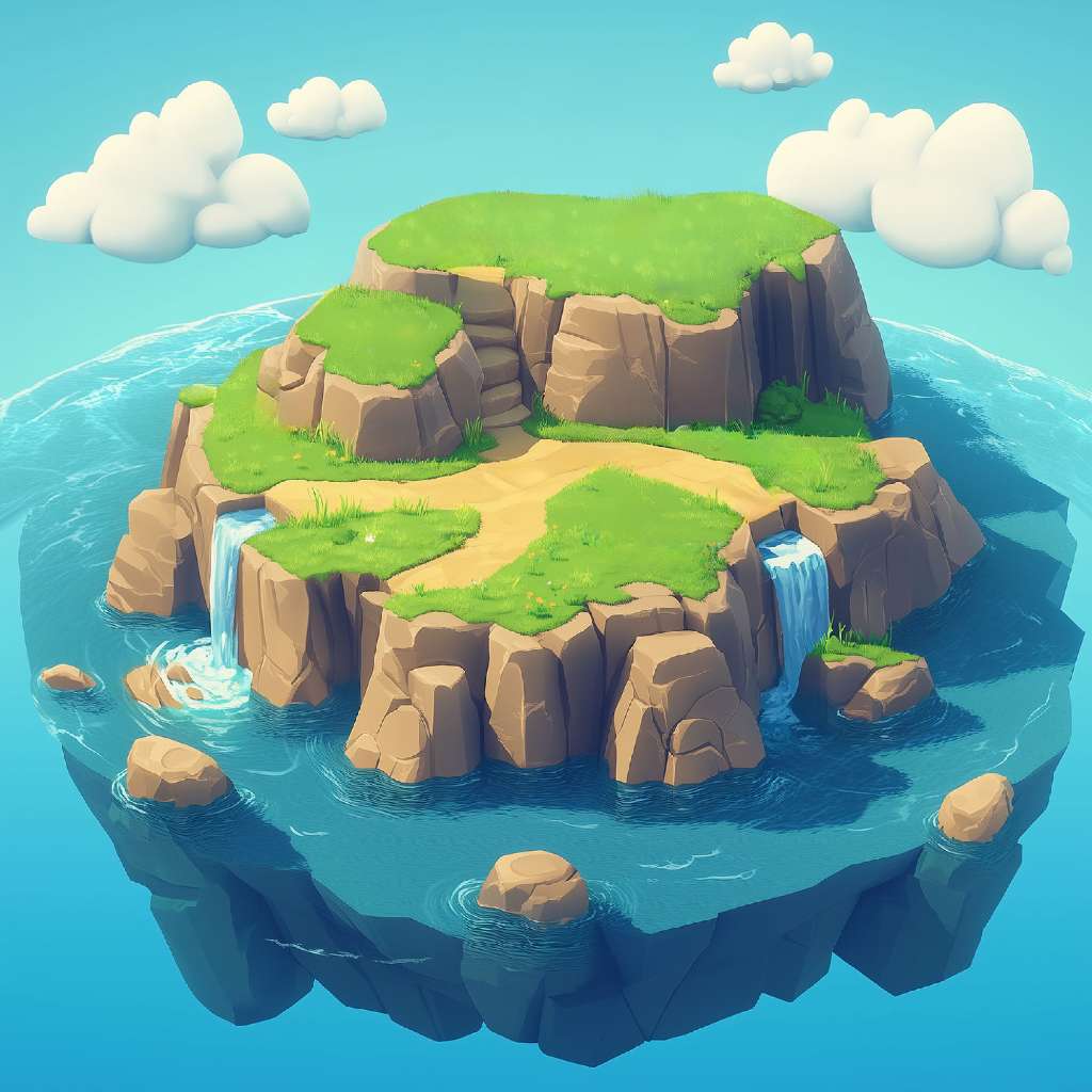 A cartoon island with cliffs, waterfalls, and a dirt path surrounded by blue waters and white clouds.