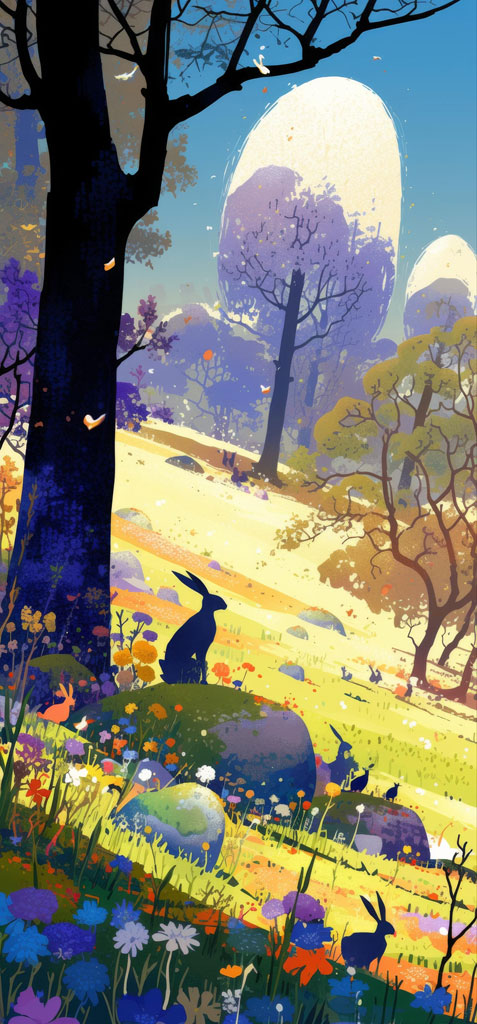 Digital artwork of a serene forest with rabbits and flowers