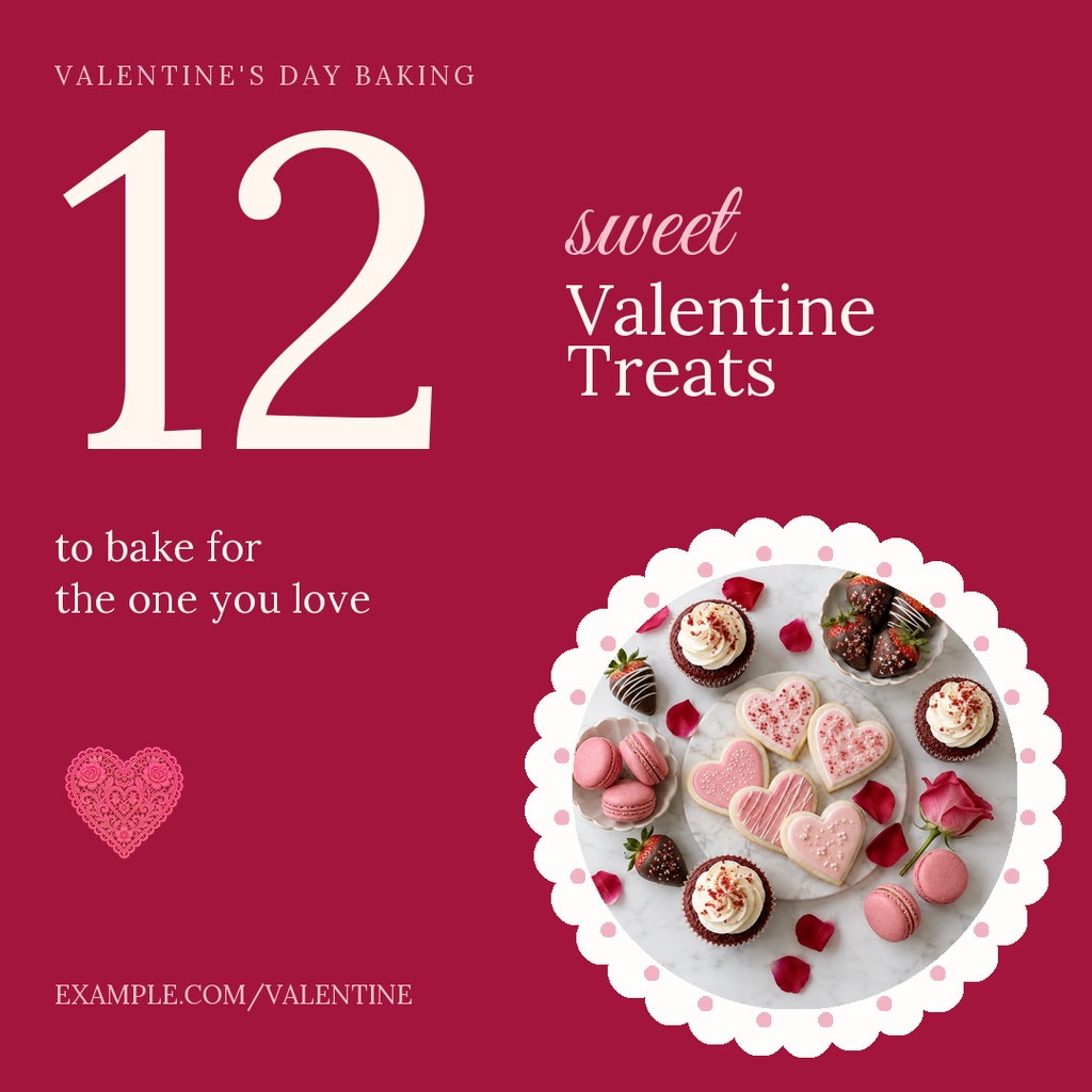 Square Valentine baking post with large number 12 and a tray of heart-shaped treats.