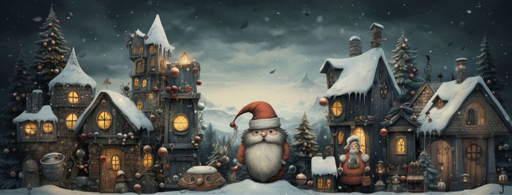 Santa Claus standing in a snowy village with lit houses and decorations
