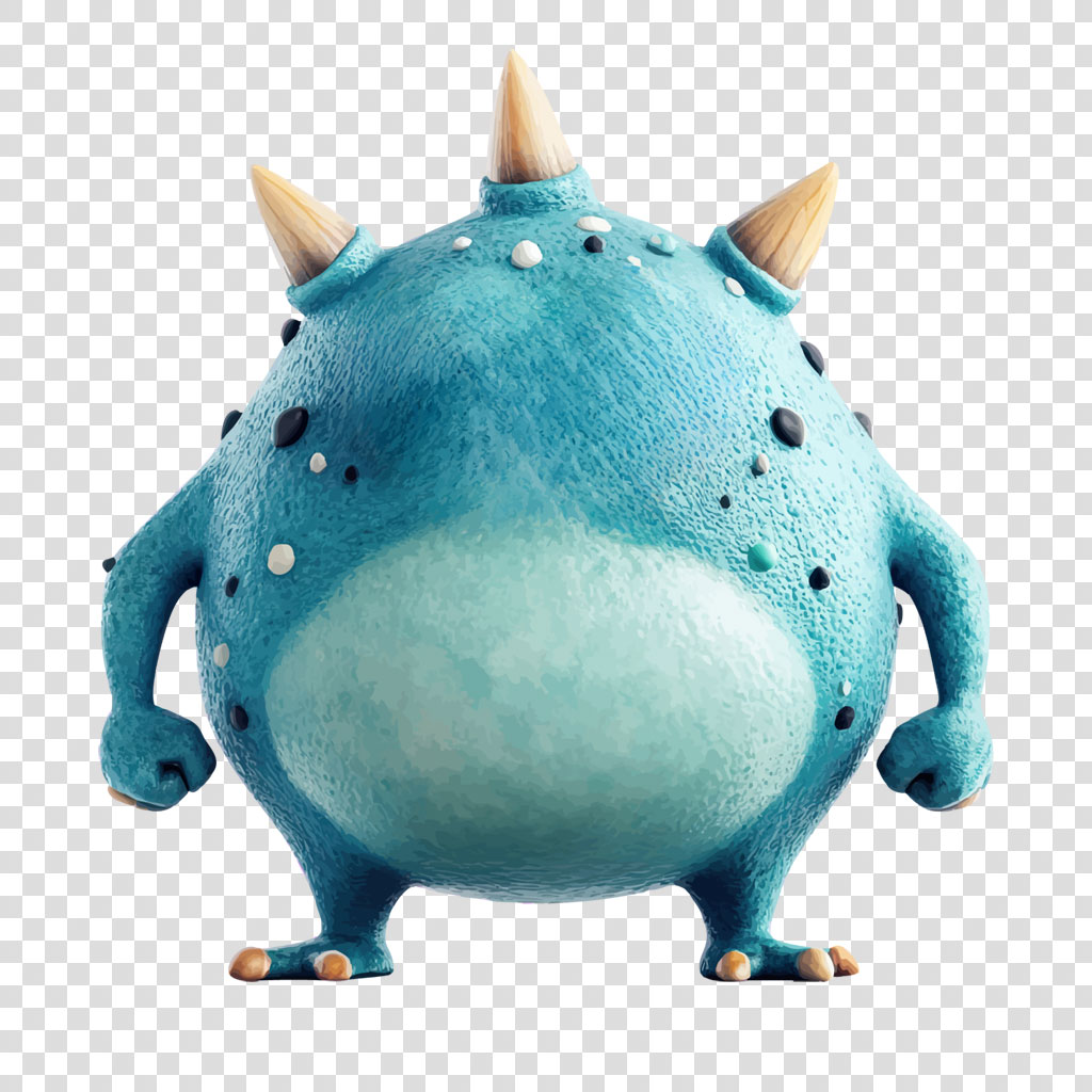A blue monster figurine with three horns and a round body.