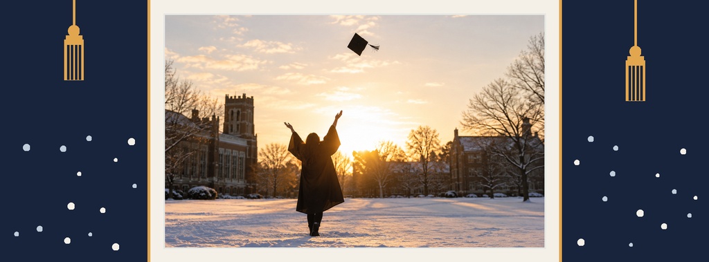 Winter graduation silhouette with raised arms at sunset, framed by navy side panels and gold accents.