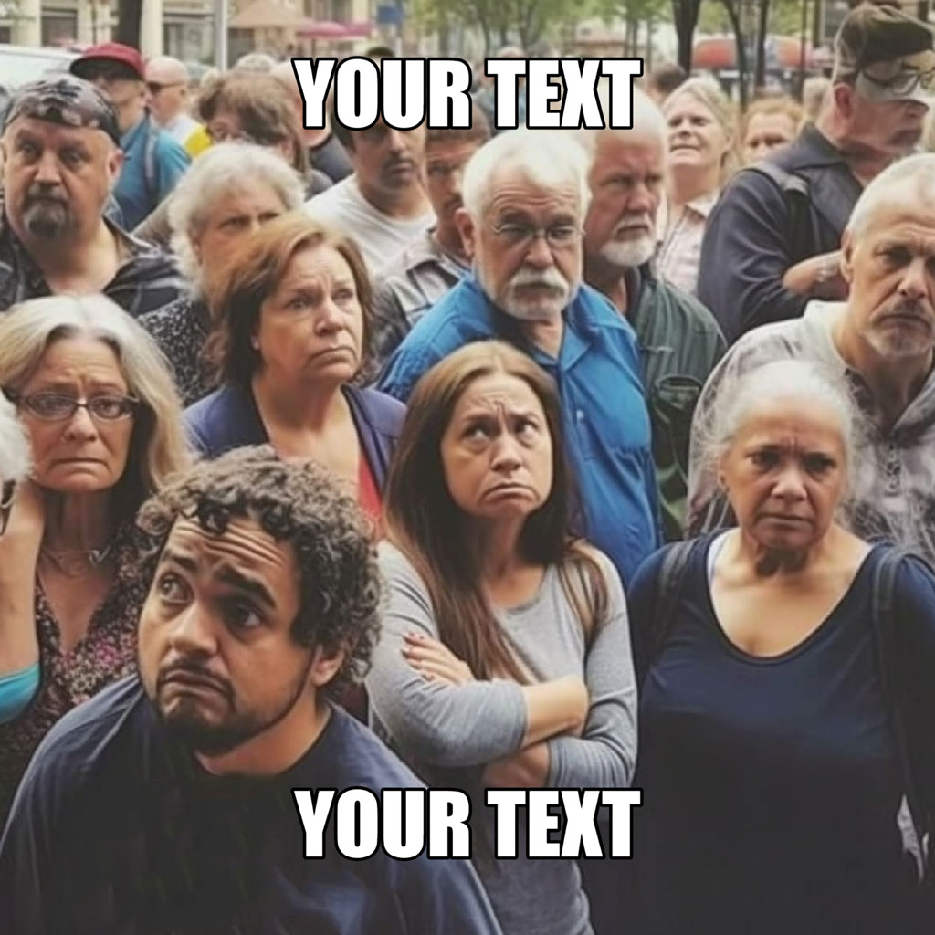 A crowd of diverse individuals with worried or concerned facial expressions.