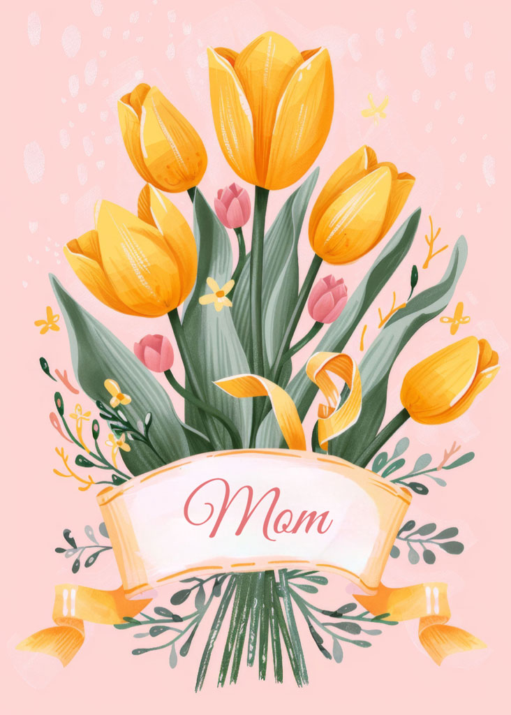 Digital illustration of yellow tulips bouquet with 'Mom' ribbon