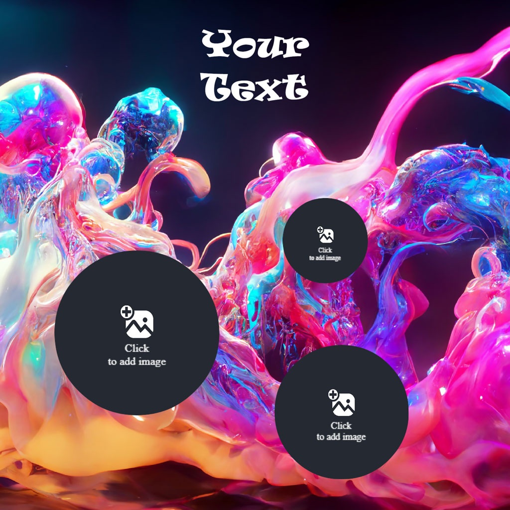 Colorful abstract fluid design with placeholder text and image upload options