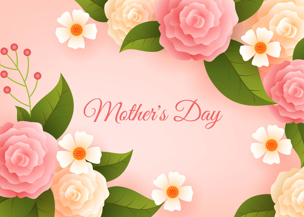 Mother's Day greeting card with pink roses and white flowers