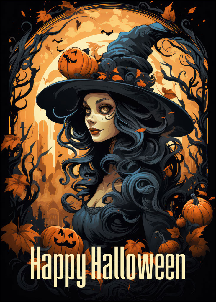Halloween witch with black hat and flowing hair