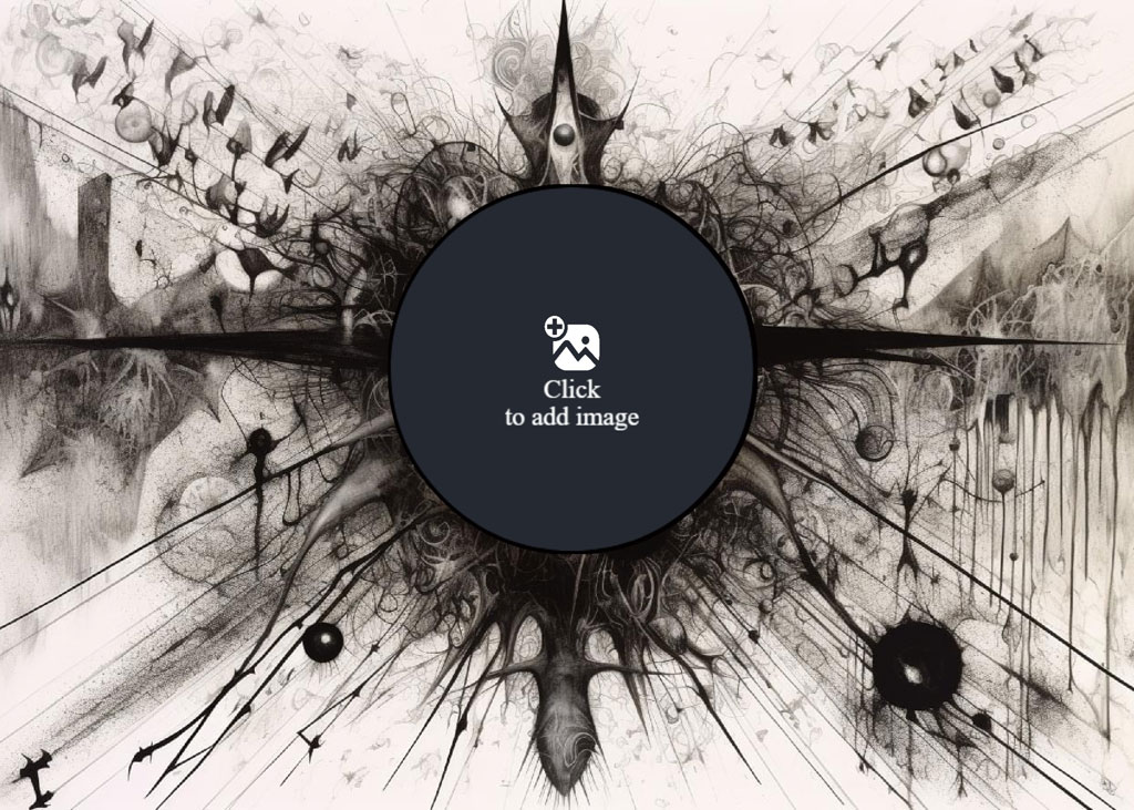 Abstract art template with a dark circle and a 'Click here to add photo' prompt.