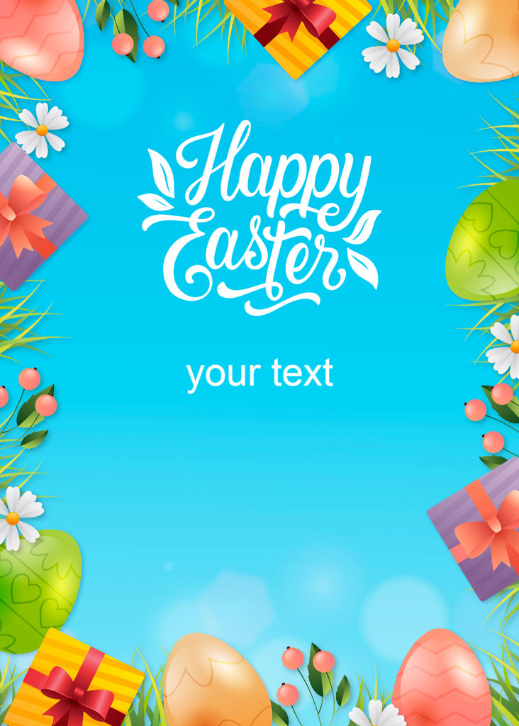 Easter greeting card with eggs and gifts