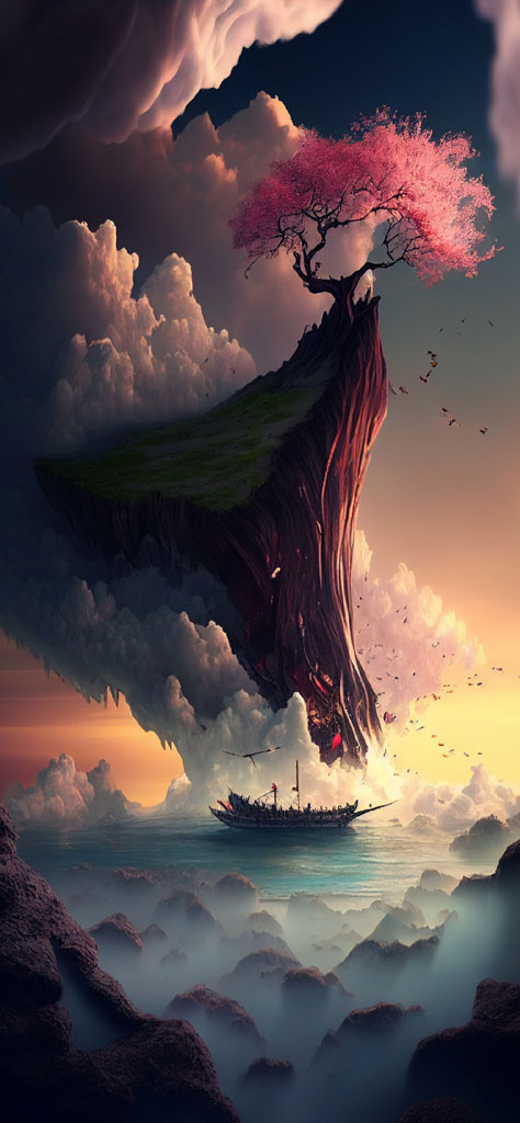 A fantastical scene of a floating island with a pink cherry blossom tree, surrounded by clouds and a boat sailing below.