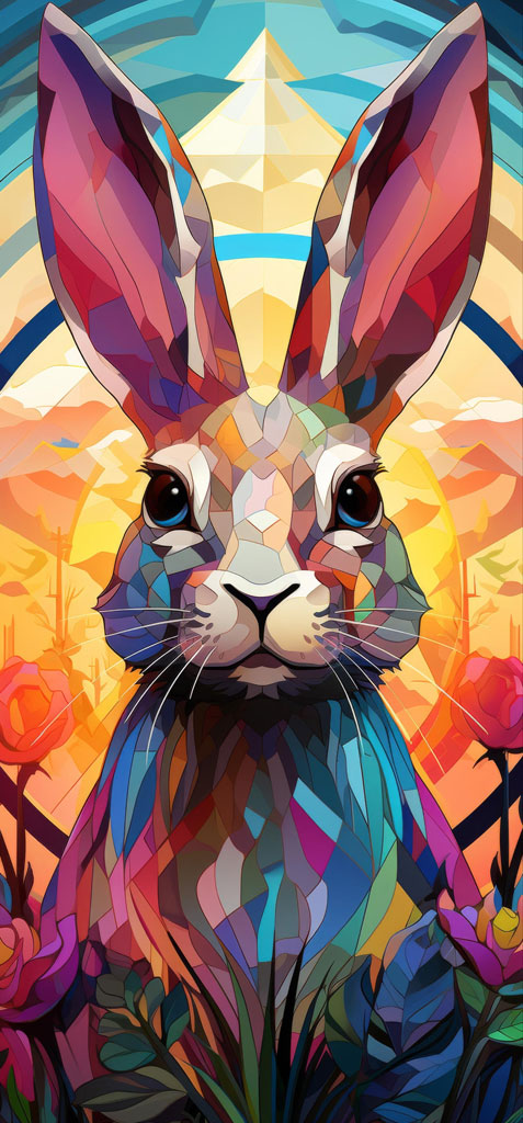 Colorful geometric rabbit artwork with floral surroundings