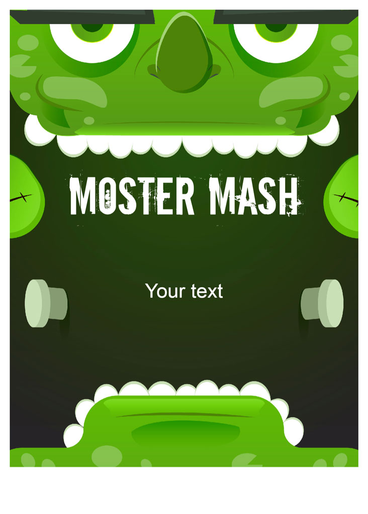 A cartoon monster face with a dark green background and white teeth.