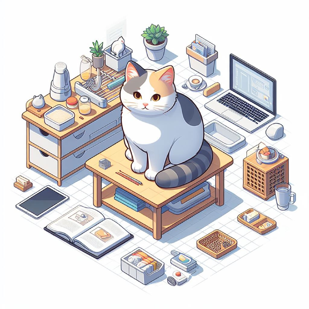 A cartoon cat sitting on a desk in a cluttered workspace with various office supplies and technology.
