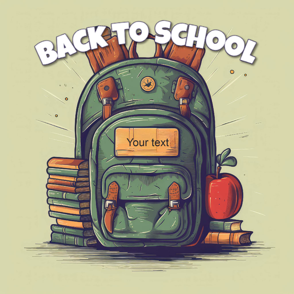 Green backpack with books and an apple