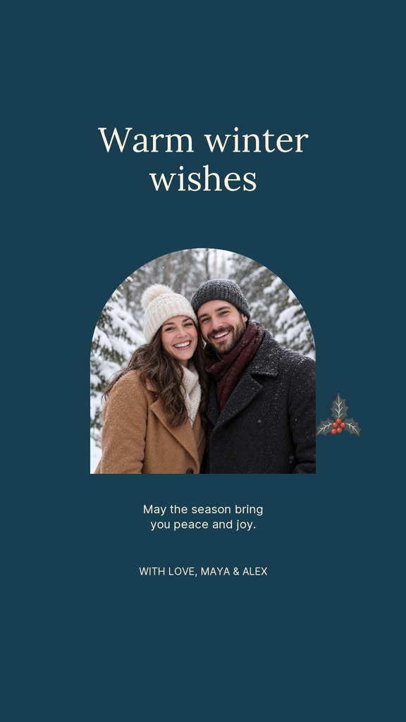 Vertical winter greeting story with a couple in a snowy arched photo frame on a blue background