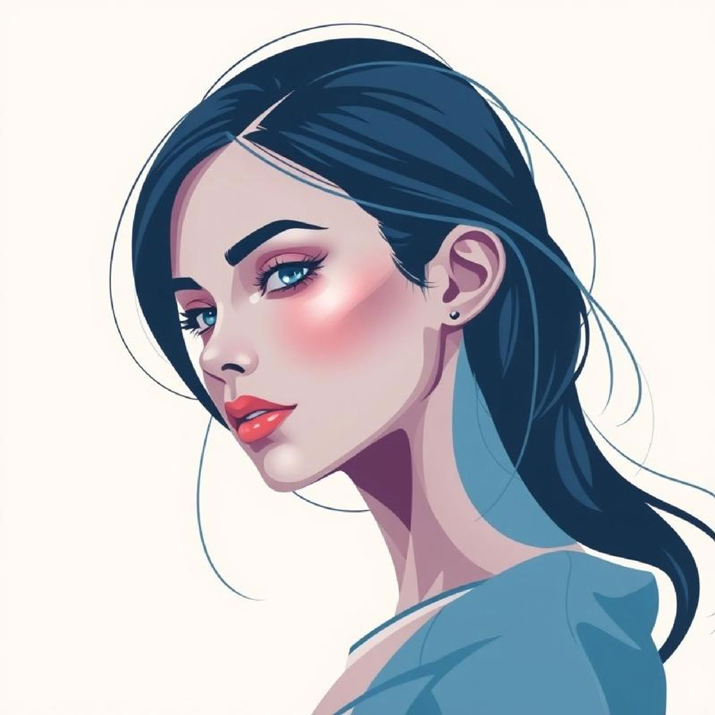 Illustration of a woman with blue eyes and dark hair