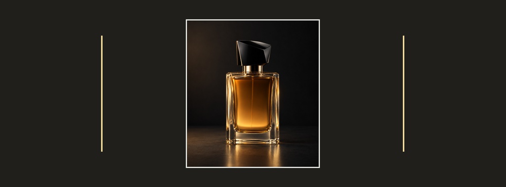 Amber perfume bottle centered on a dark luxury background with thin gold vertical lines.