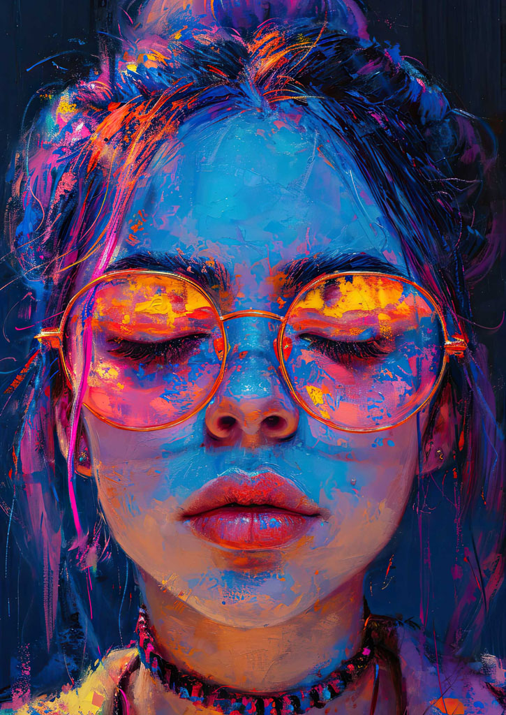 A woman with closed eyes and sunglasses, covered in colorful paint or powder.