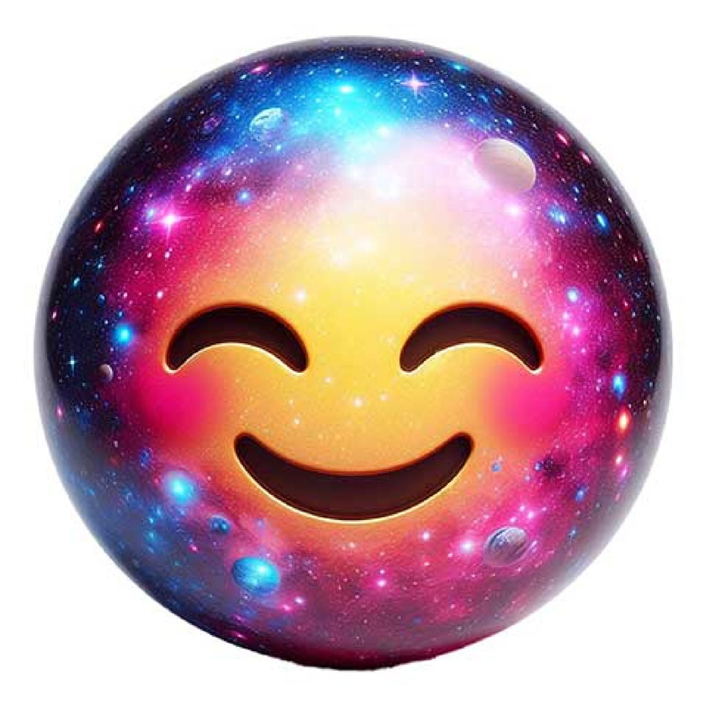 A smiling face emoji with a galaxy pattern