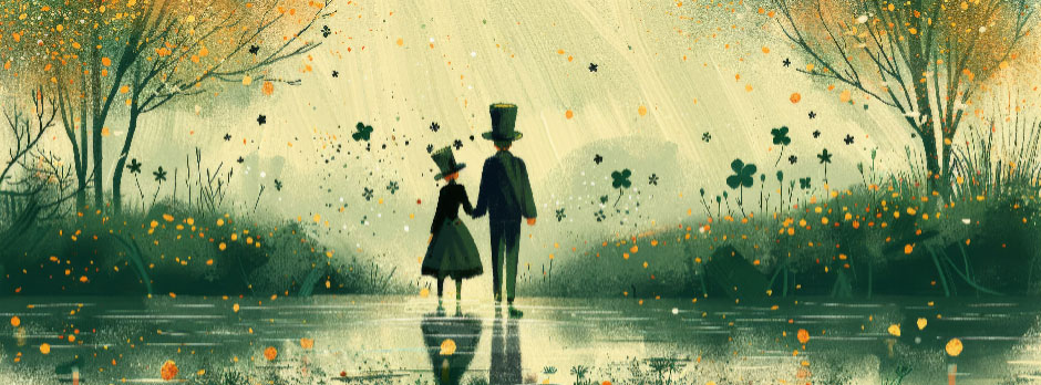 A man and woman in vintage attire holding hands in a misty autumnal scene.
