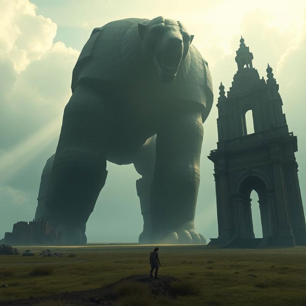 A massive statue looming over a person and a grand building in a misty field