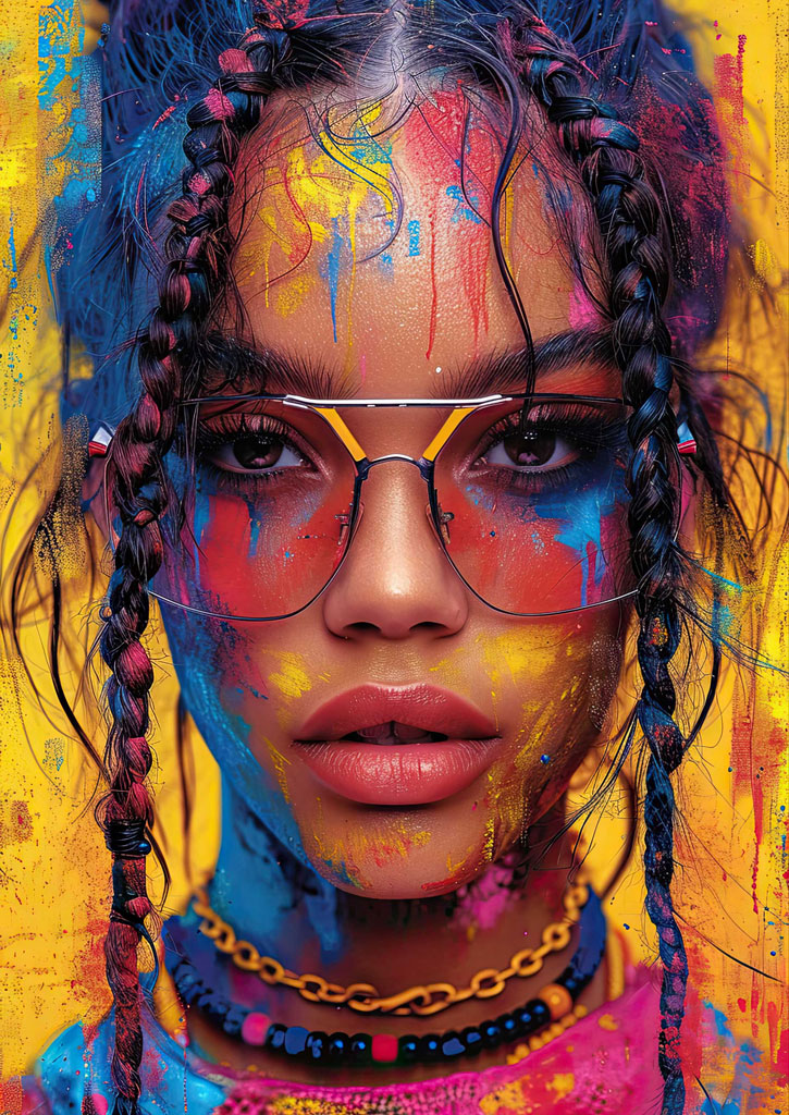 A young girl with braids and glasses, covered in vibrant paint splatters