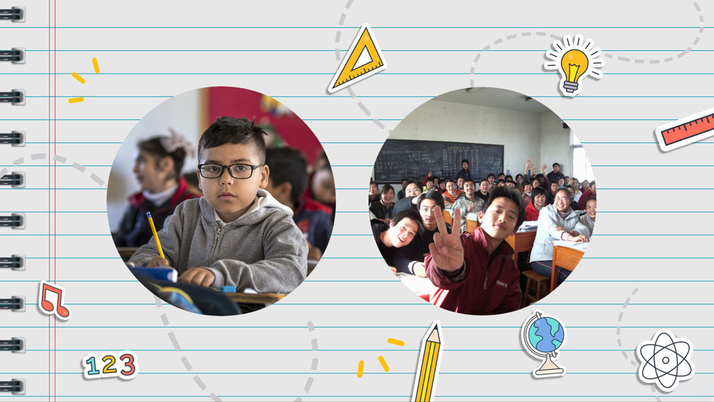 Two circular images of students in a classroom setting