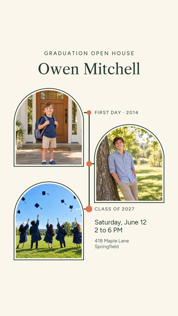 Portrait graduation open house story template with three photos and event details.