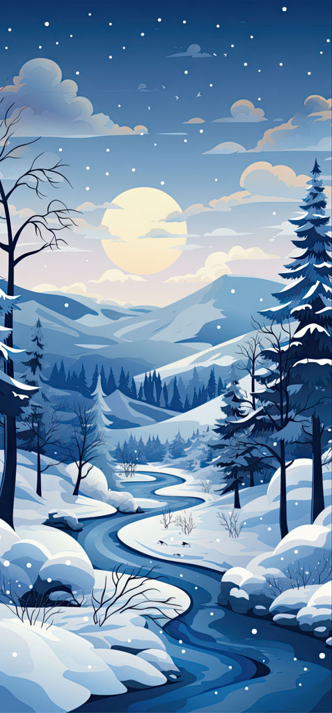 Illustration of a peaceful winter landscape with snow-covered trees and a winding river under a full moon.