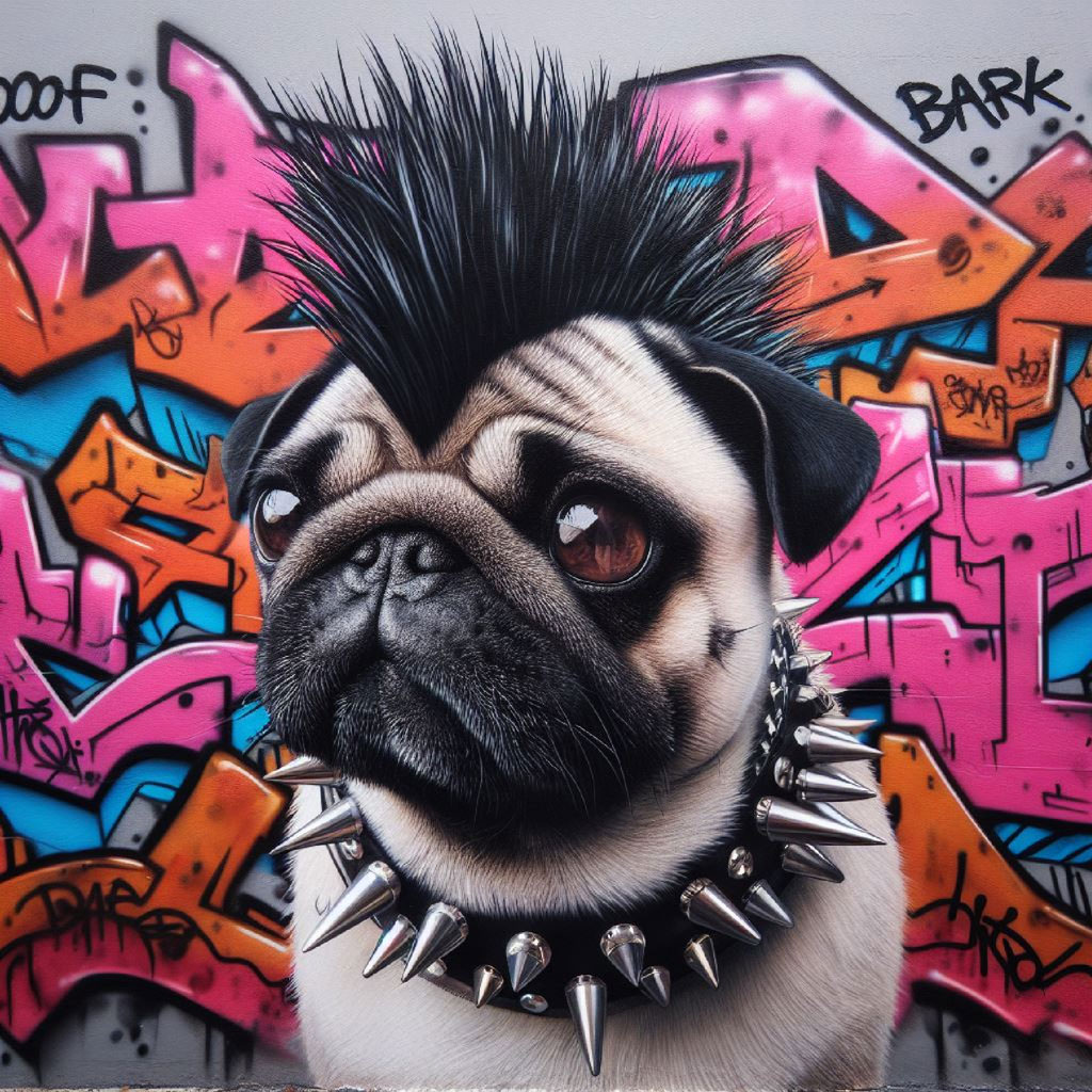 Pug dog with mohawk and spiked collar in front of colorful graffiti