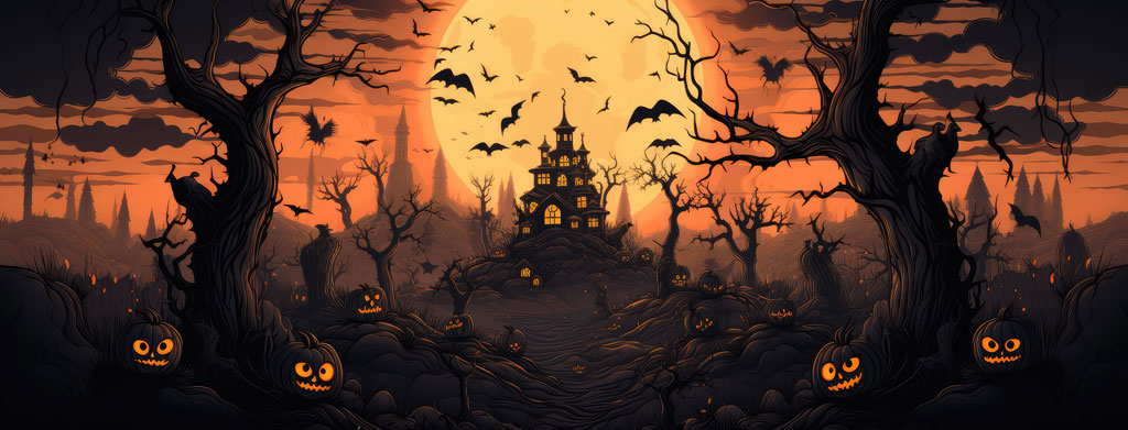 A dark Halloween scene with a haunted house and jack-o-lanterns
