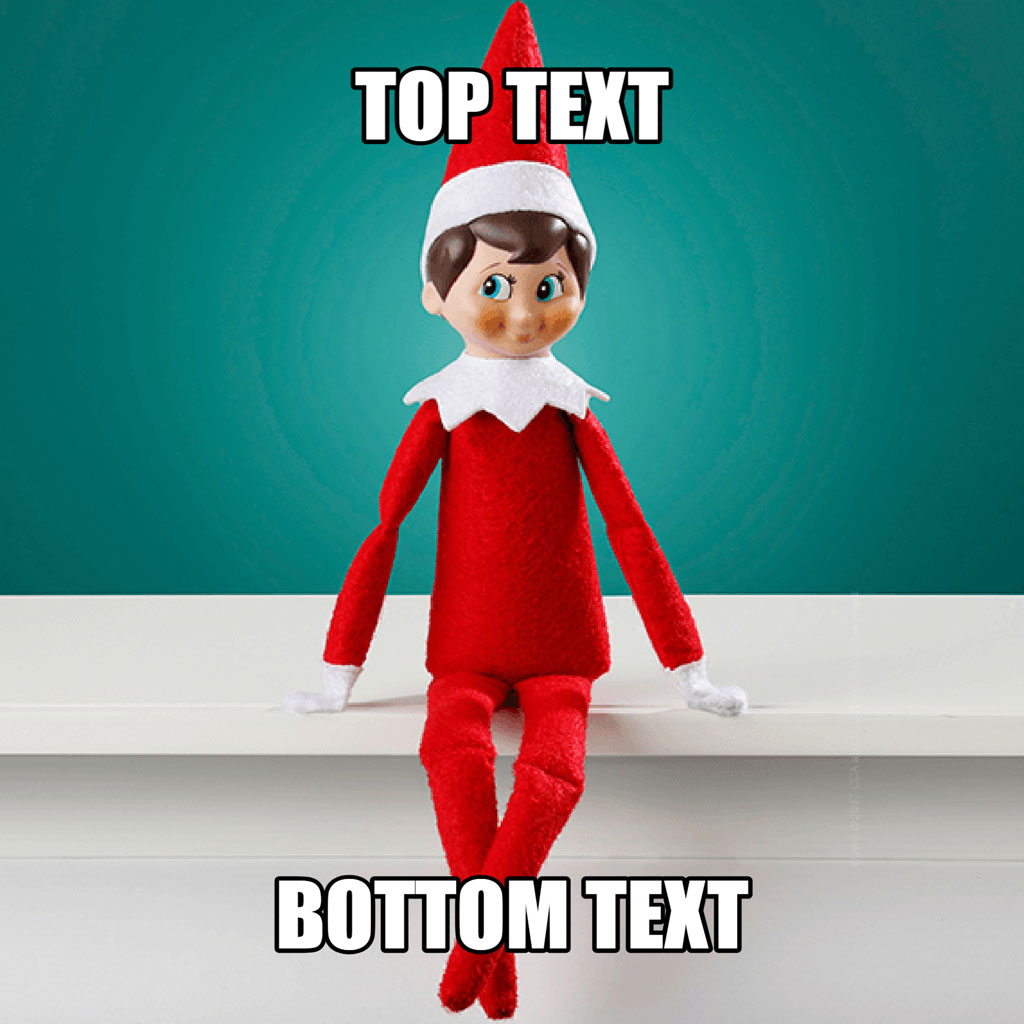 Elf on the Shelf doll sitting on a white surface with a teal background and text overlay