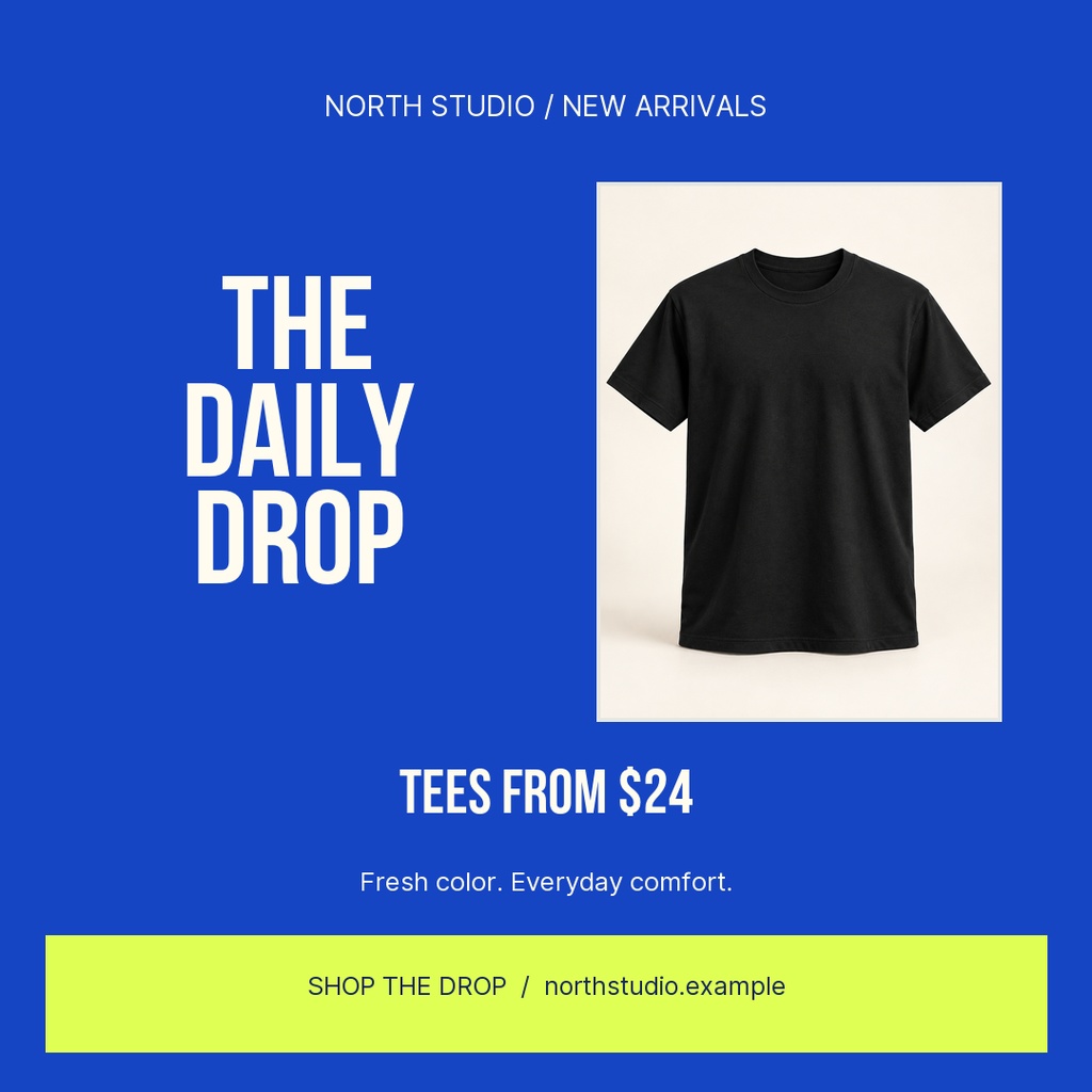 Blue square social post with a black T-shirt photo and bold Daily Drop text.