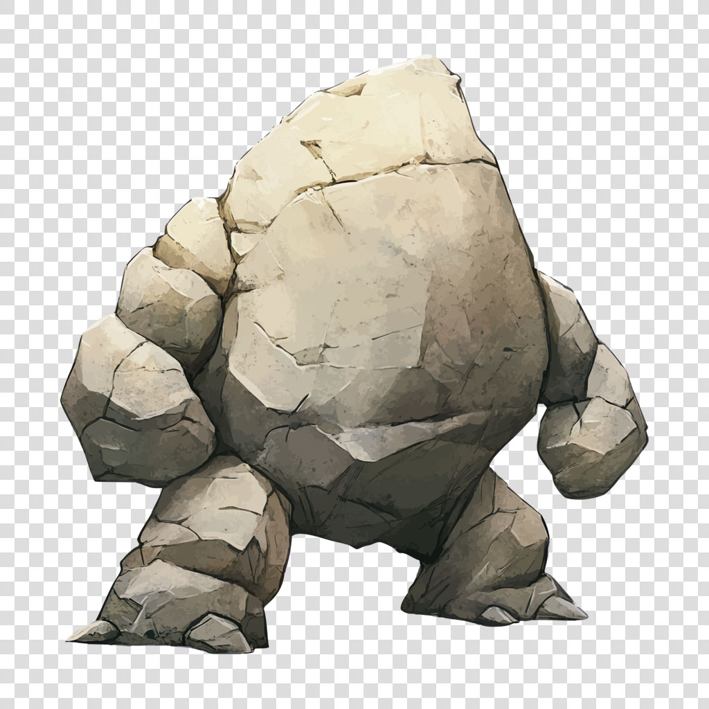 A cartoon rock monster with a large, rounded body and three legs.