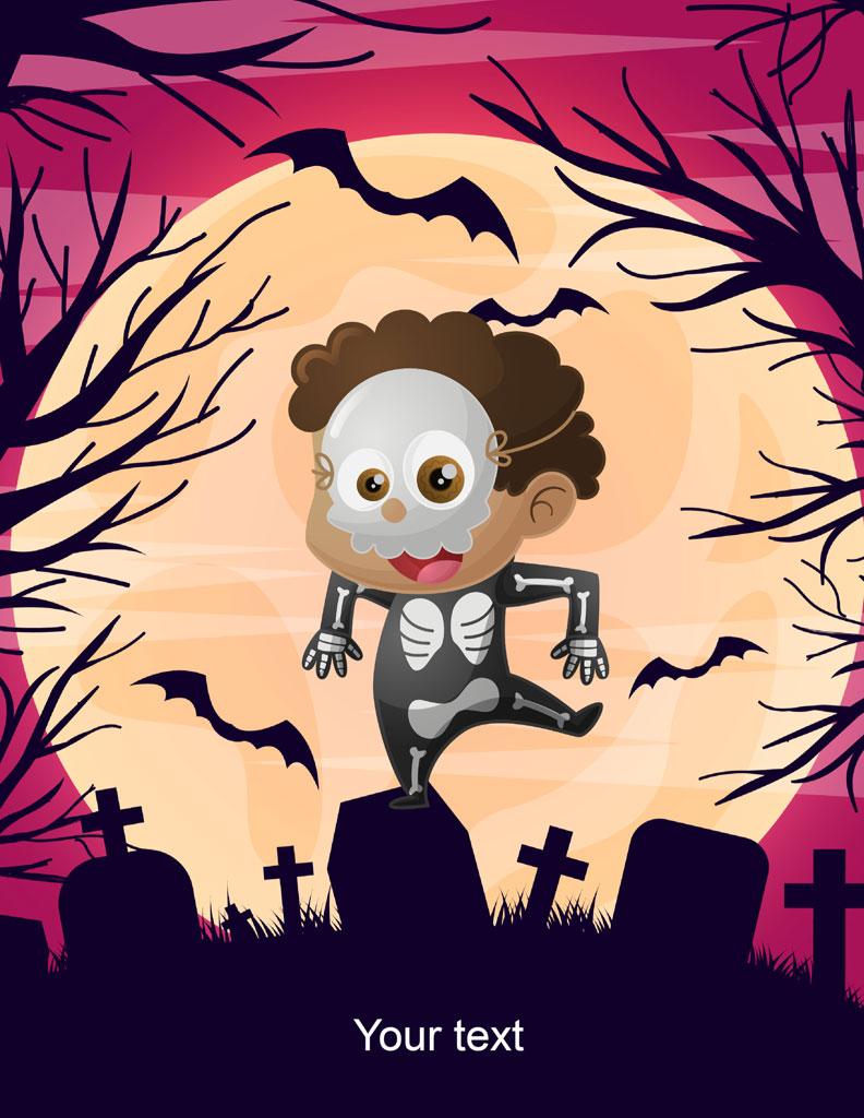 Cartoon skeleton child standing on a tombstone with bats flying around