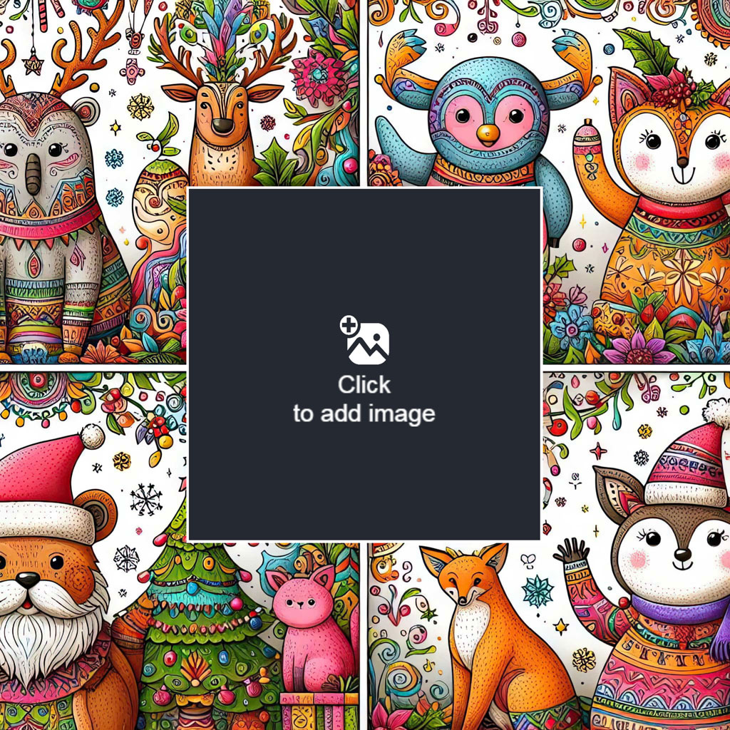 Collage of Christmas-themed coloring book images with various animals and decorations