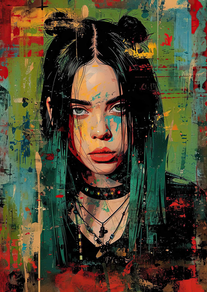 Abstract portrait of a woman with dark hair and necklaces