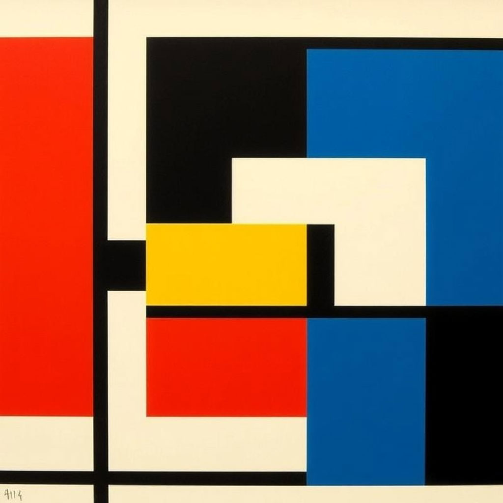 Geometric art composition with red, blue, yellow, and black rectangles on a beige background.