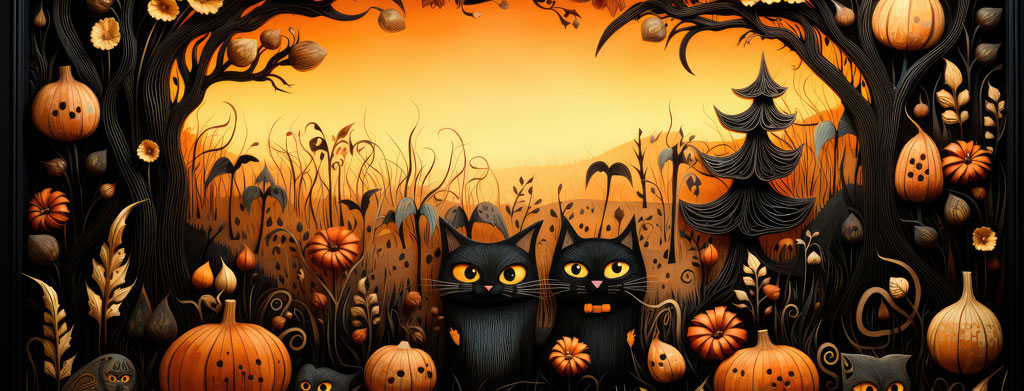 Two black cats with yellow eyes in a pumpkin patch surrounded by Halloween elements