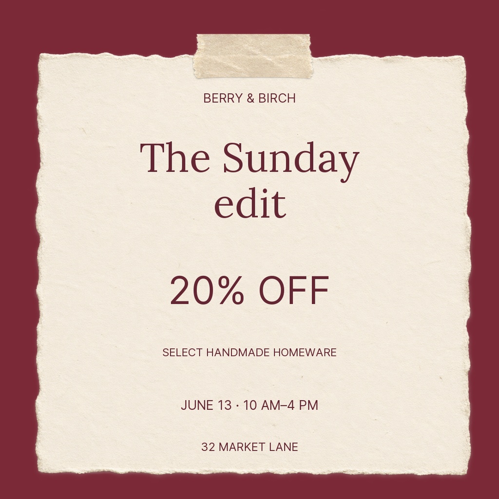 Cream paper-style square sale sign on a burgundy background with tape at the top and text for The Sunday edit, 20% off, and market details.