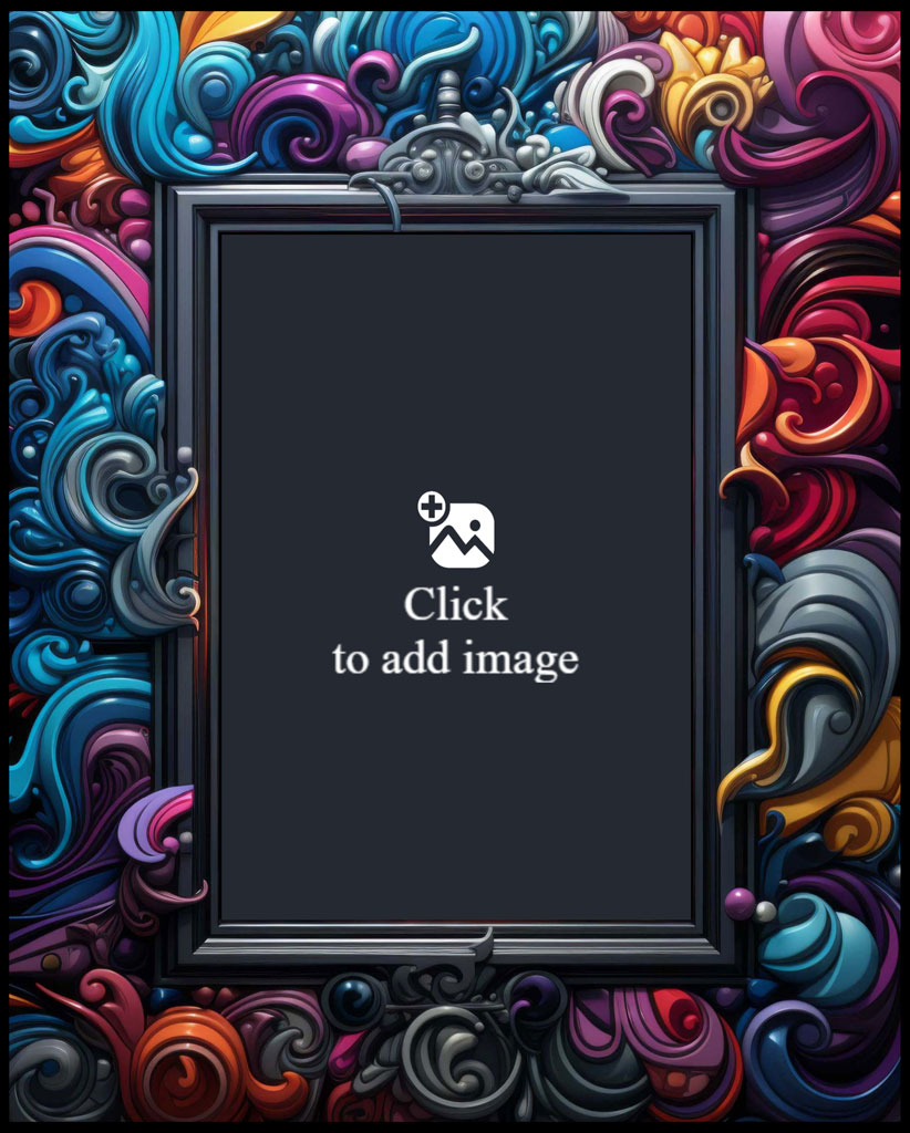 An ornate black frame with a vibrant and dynamic swirling pattern around it.