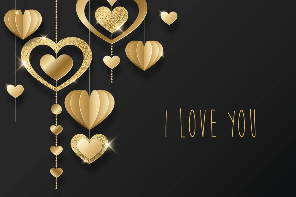 Golden hearts on black background with 'I LOVE YOU' text